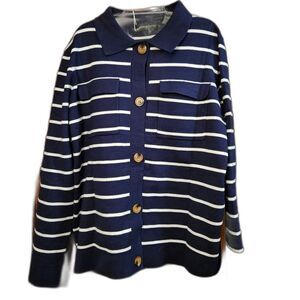 Merokeety Large Navy & White Striped Button Up Cardigan Soft Knit Preppy